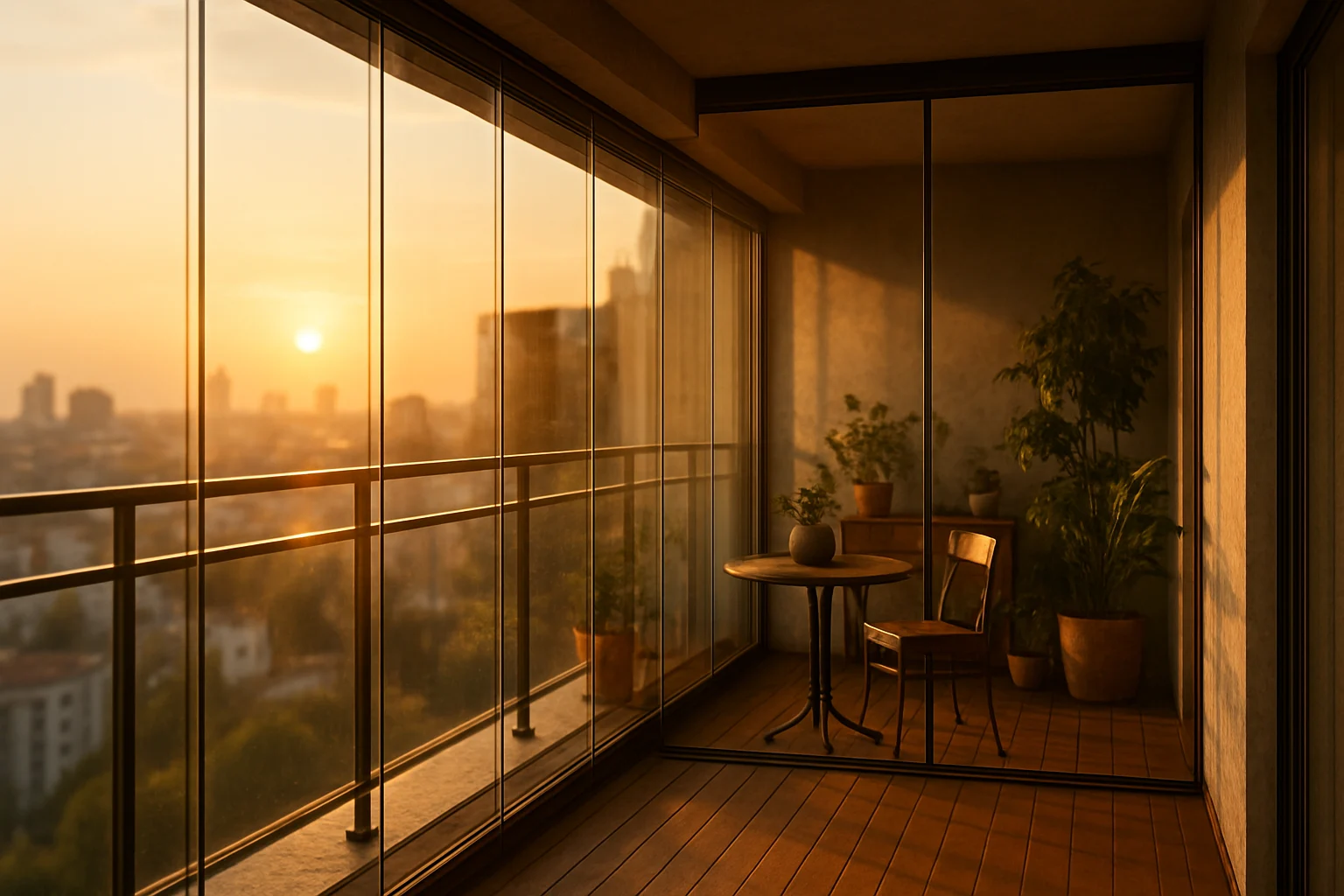 بالكن اپارتمان در طبقه بالا با جام بالكنی شيشه ای در نور گرم غروب شهر