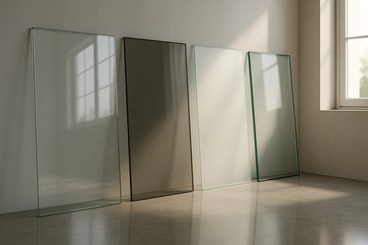 چند پنل شيشه ای شفاف رنگی مات و لمينت كه كنار هم در فضای داخلی قرار گرفته اند