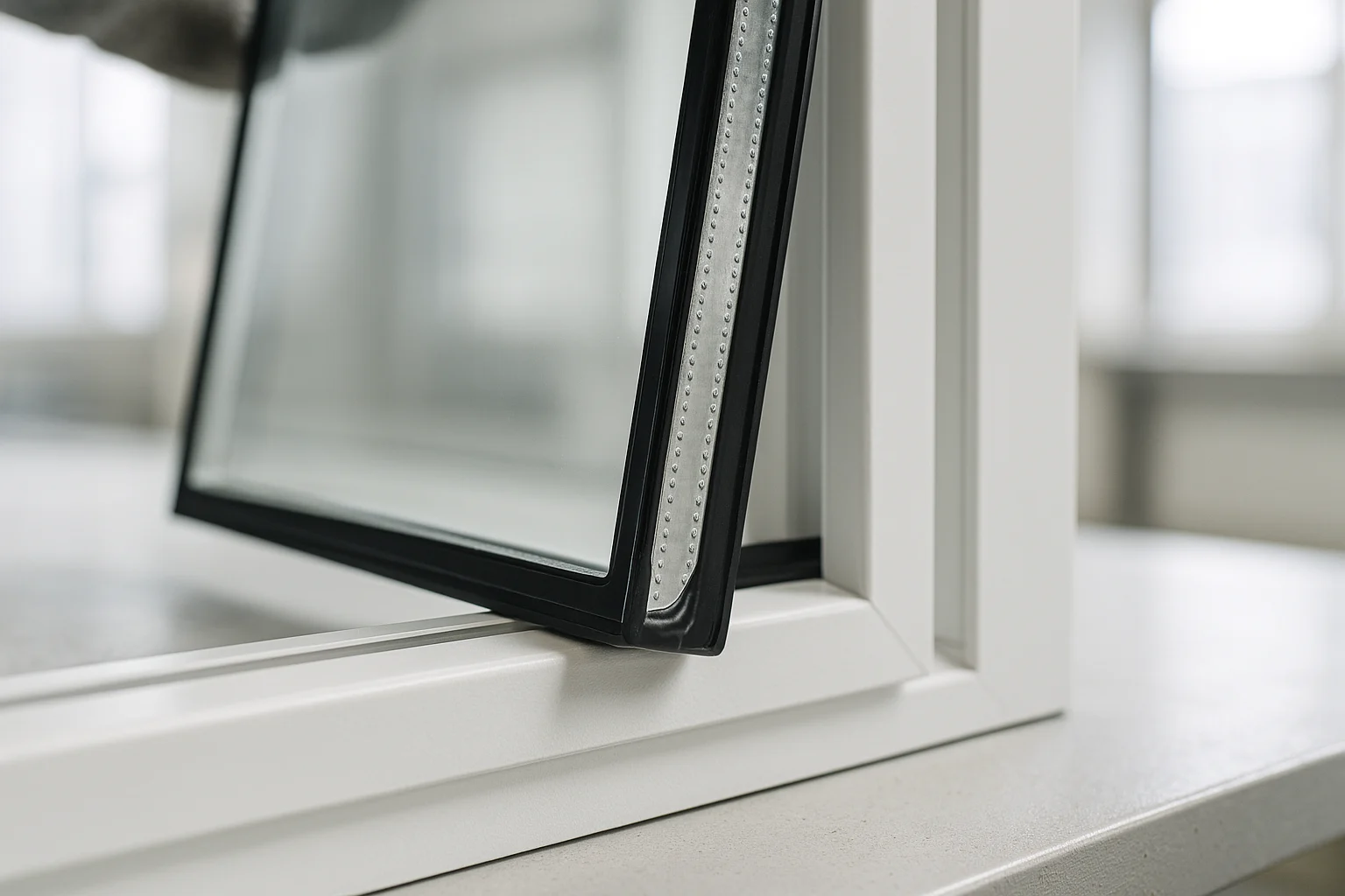 نمای نزدیک لبه یونیت شیشه دوجداره در حال قرار گرفتن داخل فریم پنجره با جزئیات فاصله گذار و درزگیر