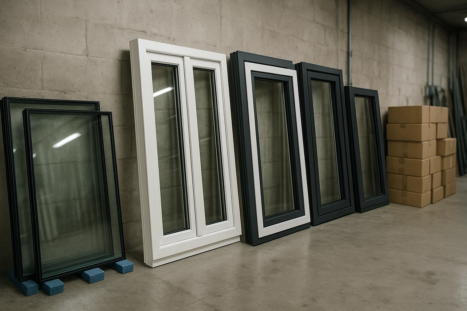 چند فریم آماده یو پی وی سی و آلومینیومی در کارگاه در کنار یونیت های شیشه دوجداره و جعبه یراق آلات روی کف بتنی تمیز