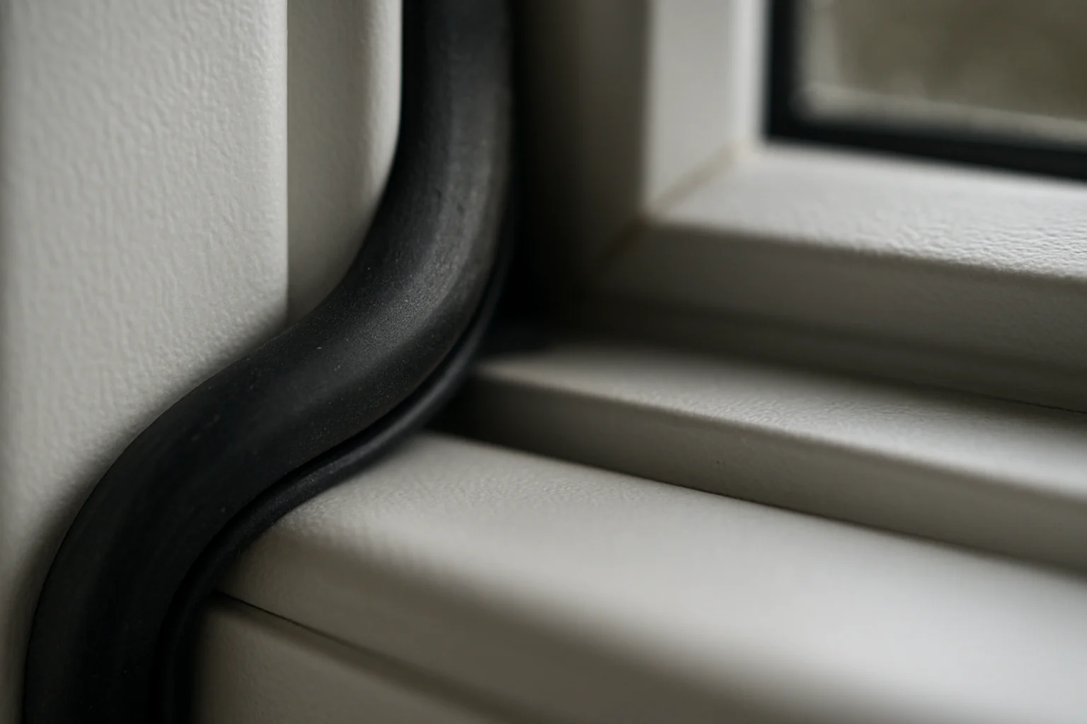 نمای ماکرو از لاستیک دور لنگه پنجره دوجداره یو پی وی سی که به خوبی به فریم چسبیده است