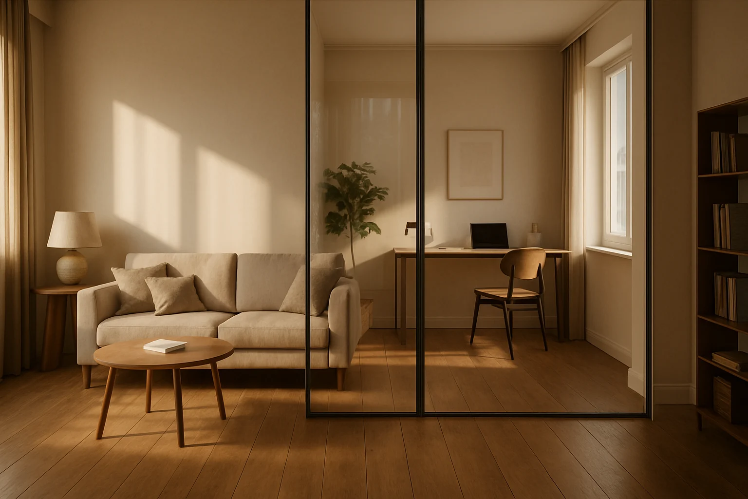 پارتیشن شيشه ای شفاف كه فضاي نشيمن را از يك اتاق كار خانگی جدا مي كند با كف چوبی و نور گرم