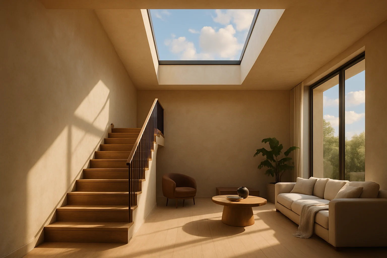 نورگير شيشه ای مستطيل در سقف فضای دوبلكس با نور طبيعی گرم روي پله چوبی