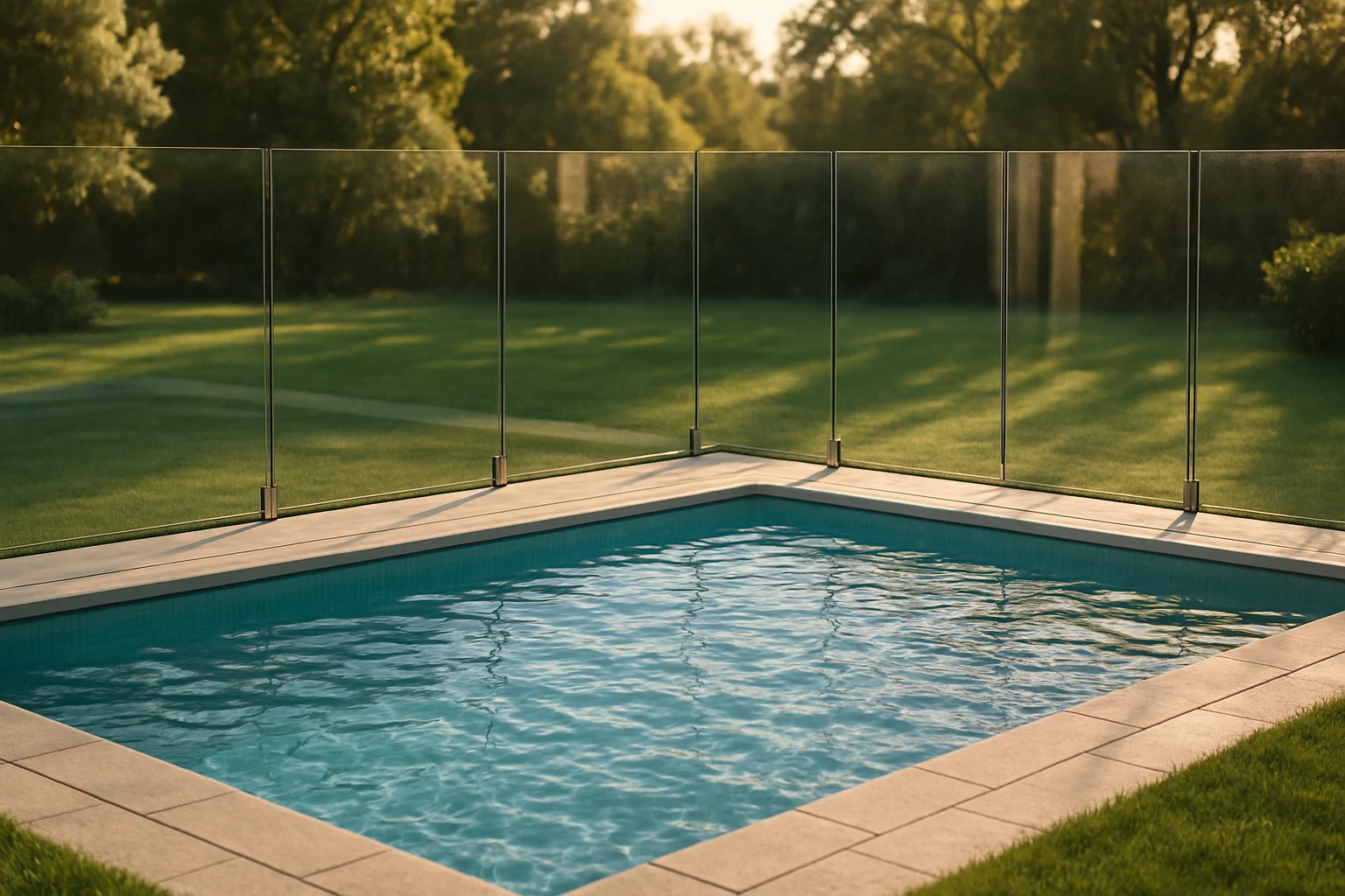 نرده شيشه ای دور استخر حياط با آب آبی و نور گرم بعدازظهر و فضای سبز اطراف