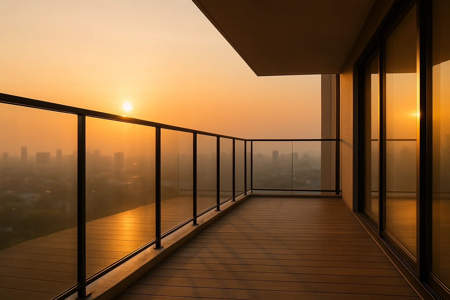 بالكن اپارتمان مدرن با جان پناه شيشه ای تمام قد در نور گرم غروب و ديد شهر