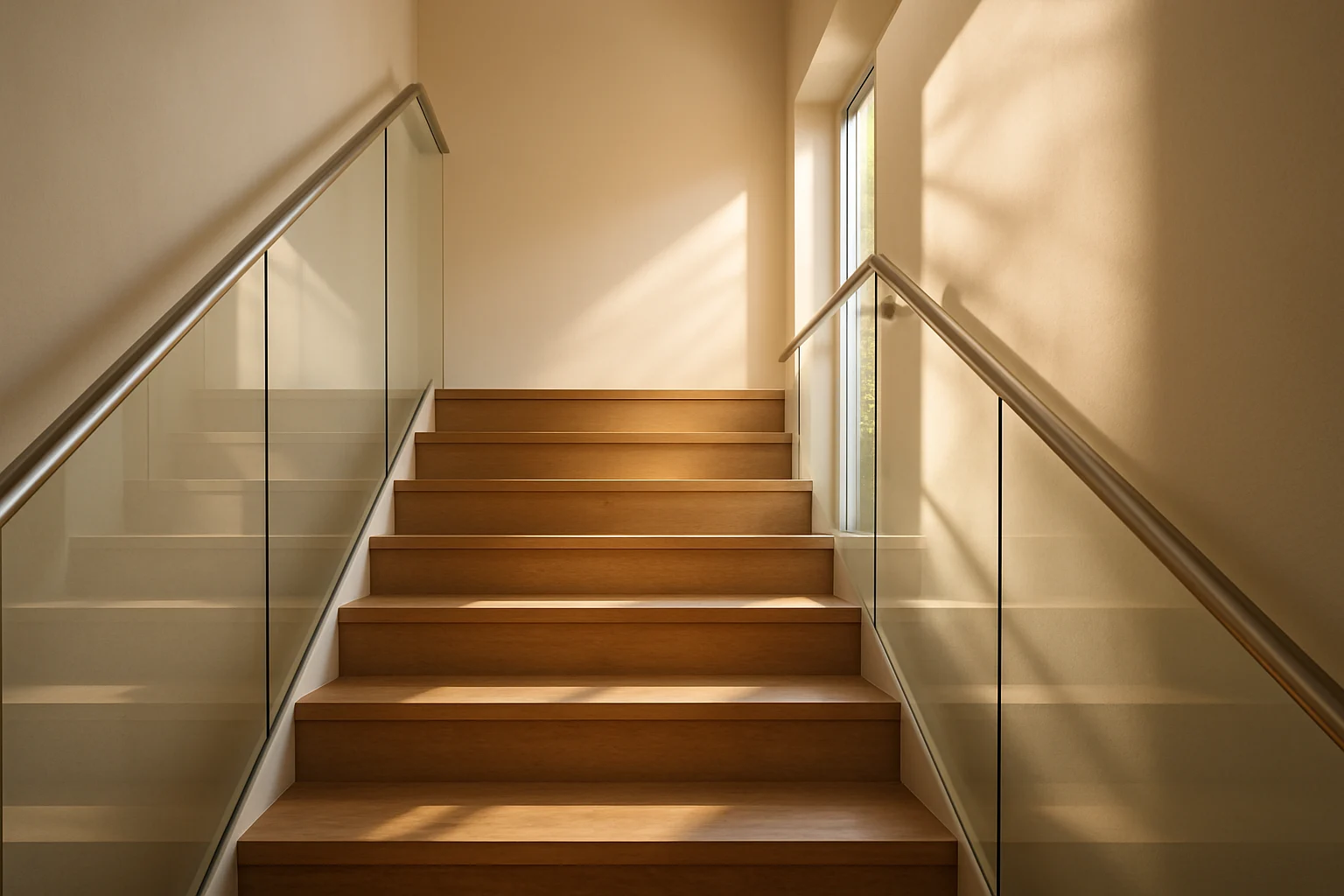 راه پله داخلی با جان پناه شيشه ای شفاف و هندريل فلزی و نور طبيعی گرم