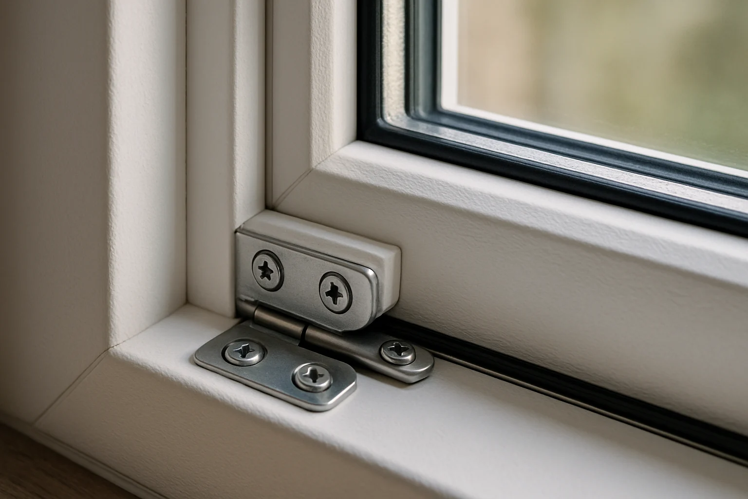 نمای نزدیک گوشه پنجره دوجداره که لنگه روی فریم تنظیم شده و لولا و پیچ های رگلاژ دیده می شوند