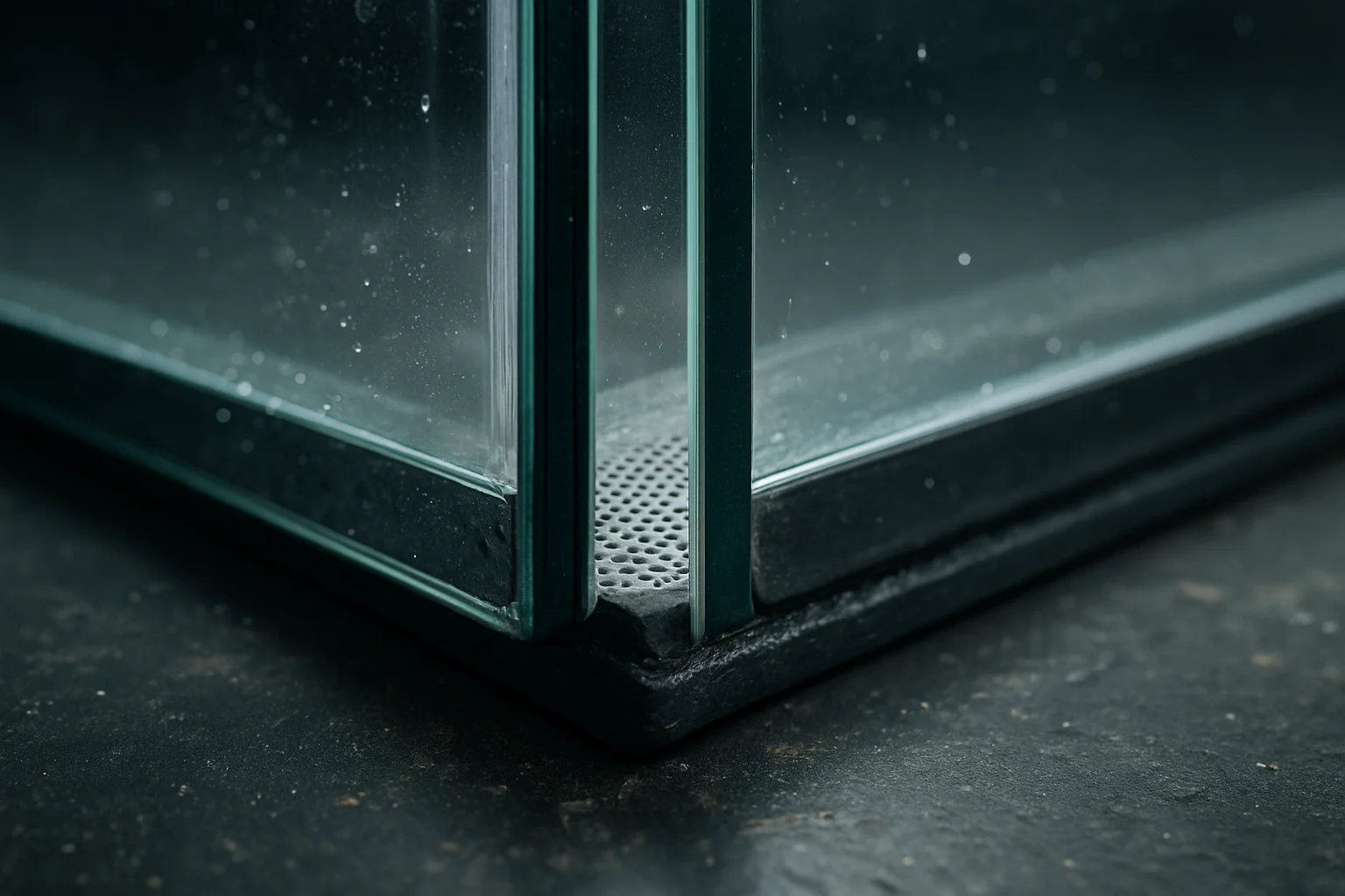 نماي نزديک لبه يونيت شيشه دوجداره با فاصله گذار و درزگير روی ميز كار تيره