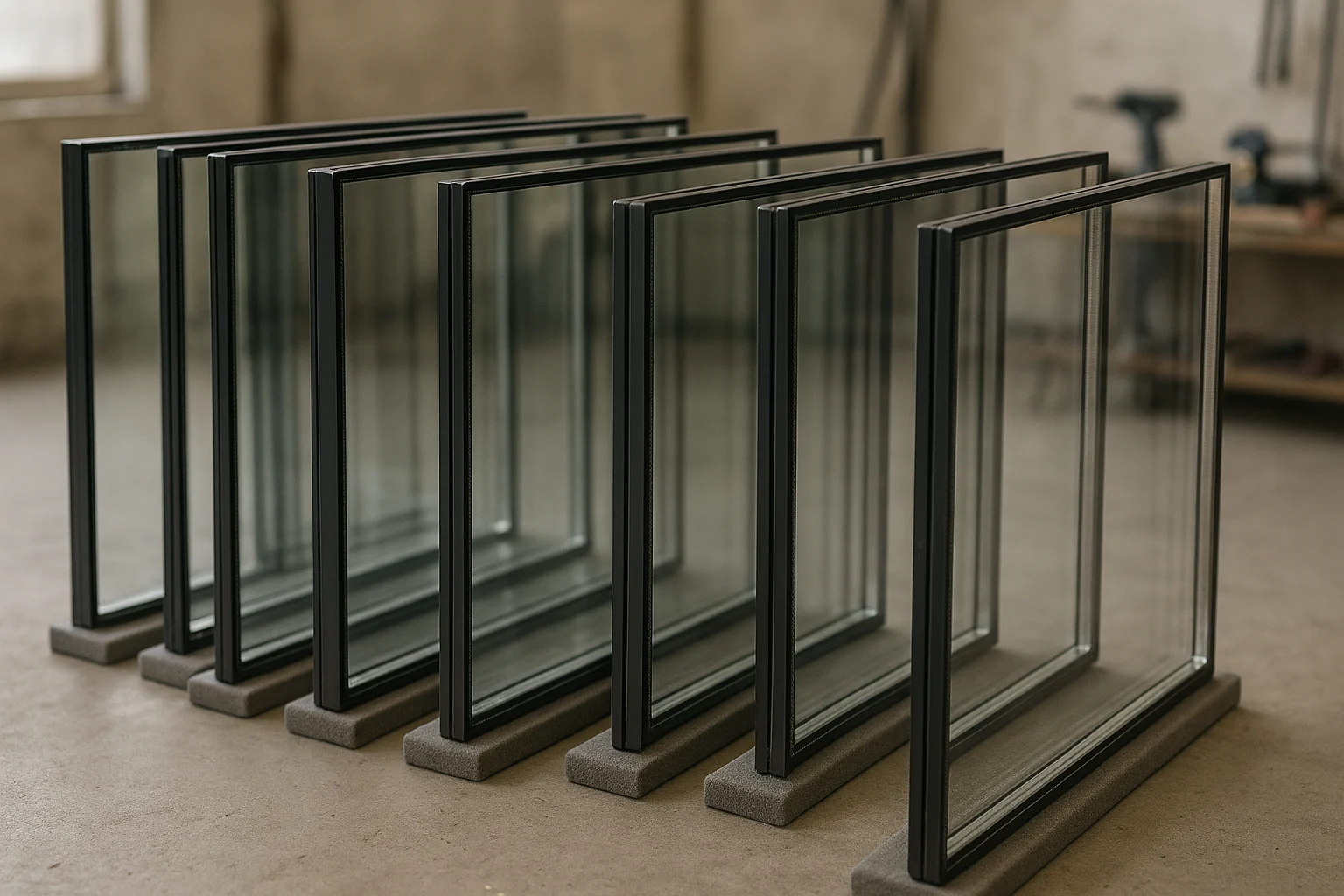 ردیفی از یونیت های شیشه دوجداره آماده نصب در کارگاه روی تکیه گاه های محافظ با پس زمینه خنثی