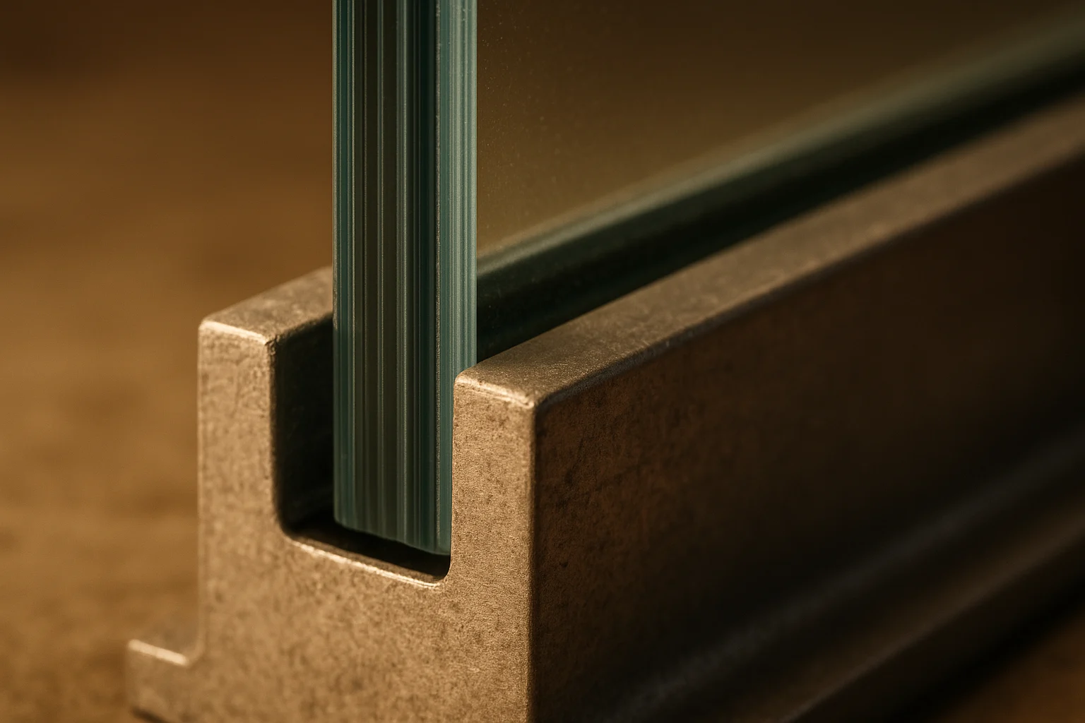 نماي نزديک لبه شيشه لمينت نرده درون پروفيل الومينيومی كفی با نور گرم