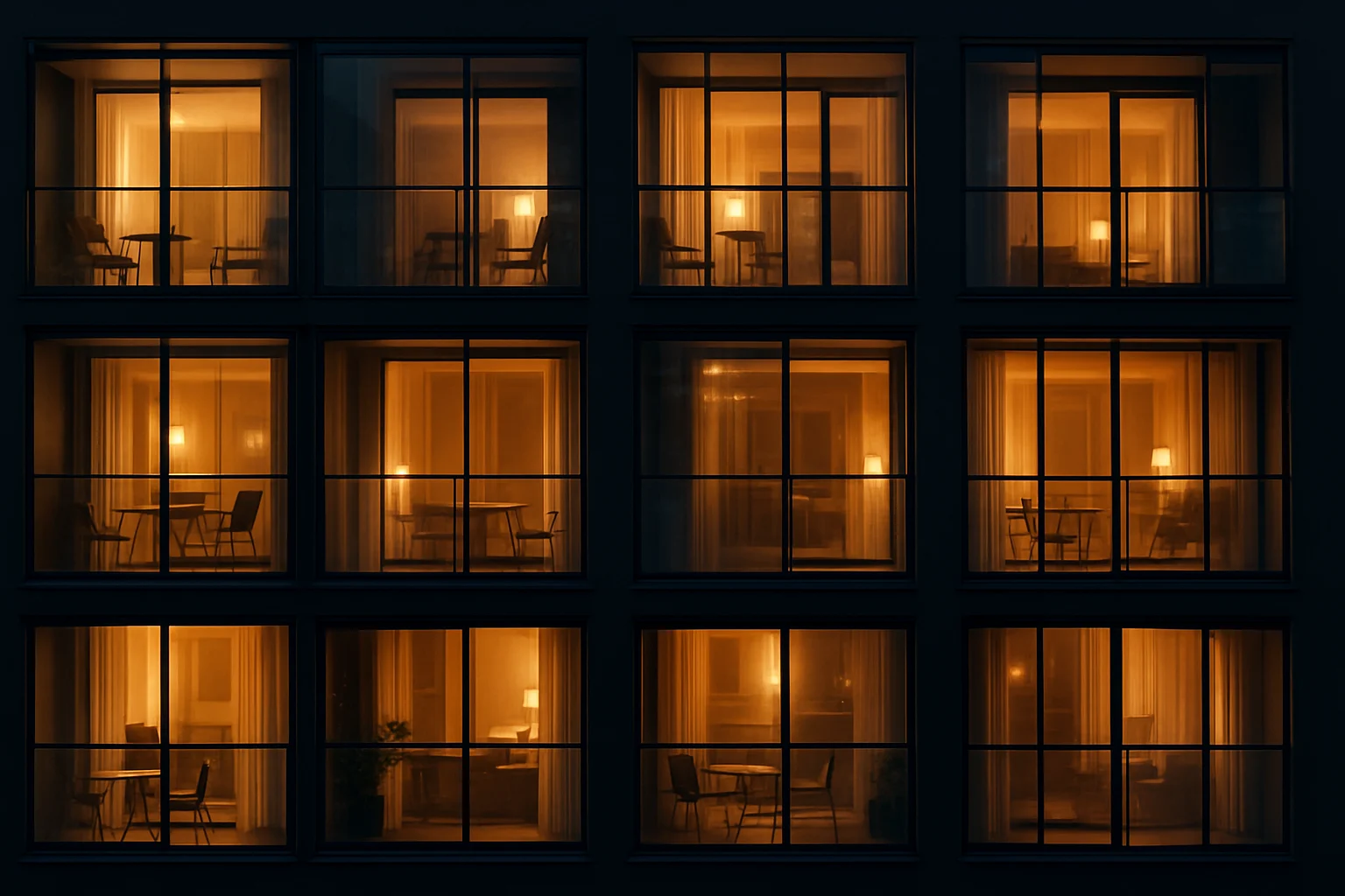 نماي شب سردرخانه مسكونی با چند بالكن شيشه ای و نورهای گرم داخل واحدها