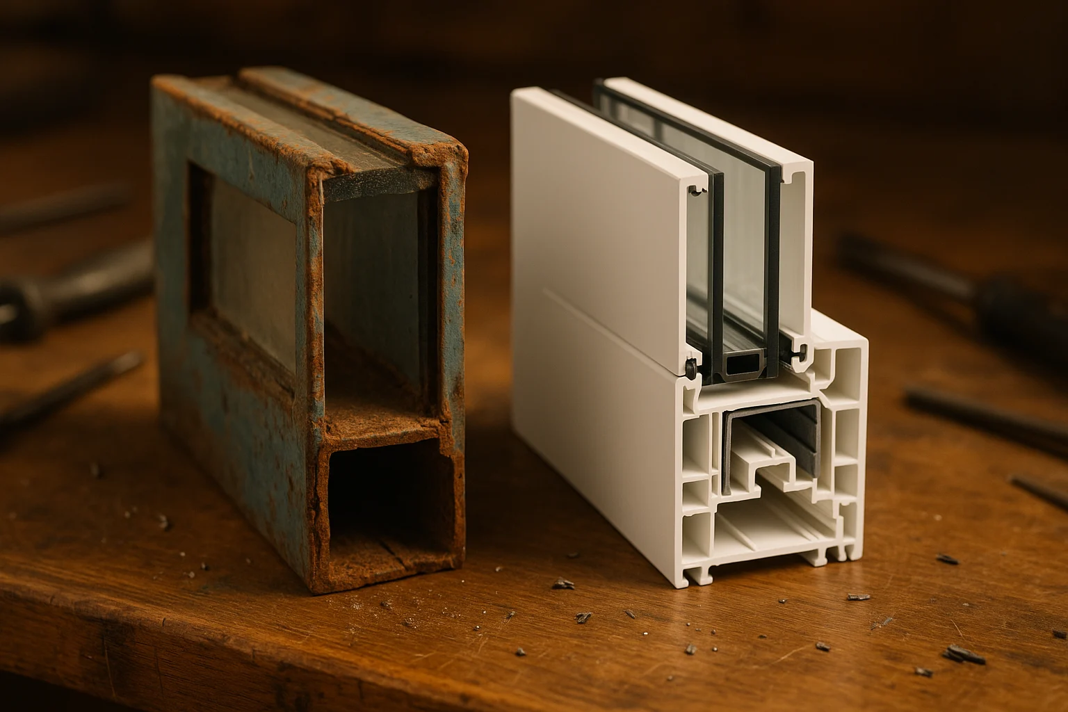 مقايسه مقطع فريم آهنی قديمی و پروفيل يو پ وی سی دوجداره روی ميز كار چوبی در كارگاه