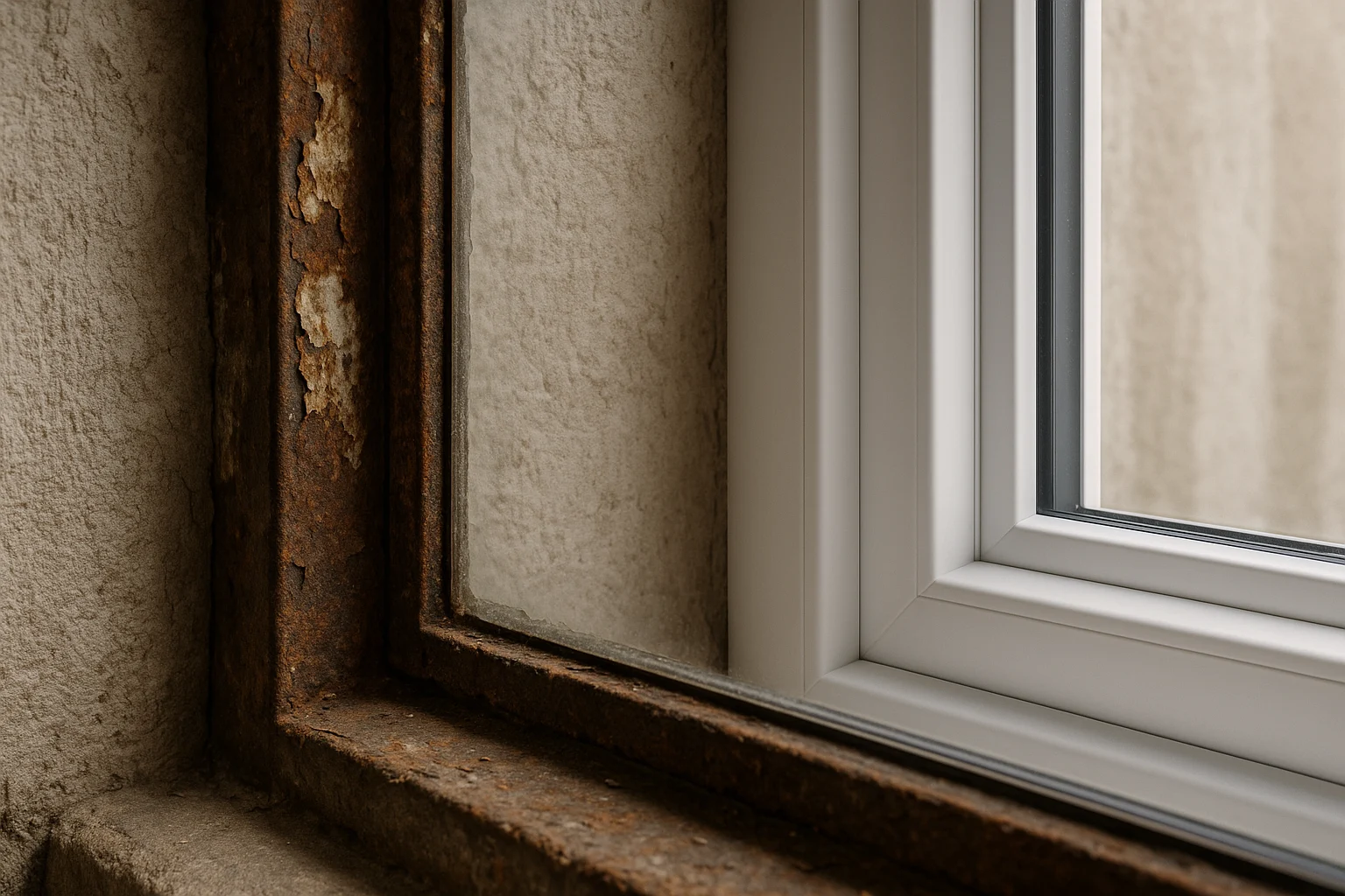 نمای نزديک مقايسه فريم پنجره آهنی زنگ زده قديمی در كنار فريم يو پی وی سی سفيد و تميز