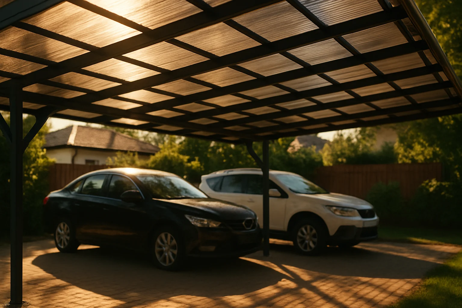 سقف پاركينگ خانگی با ورق هاي پلی كربنات نيمه شفاف و نور گرم عصر كه از آن عبور می كند