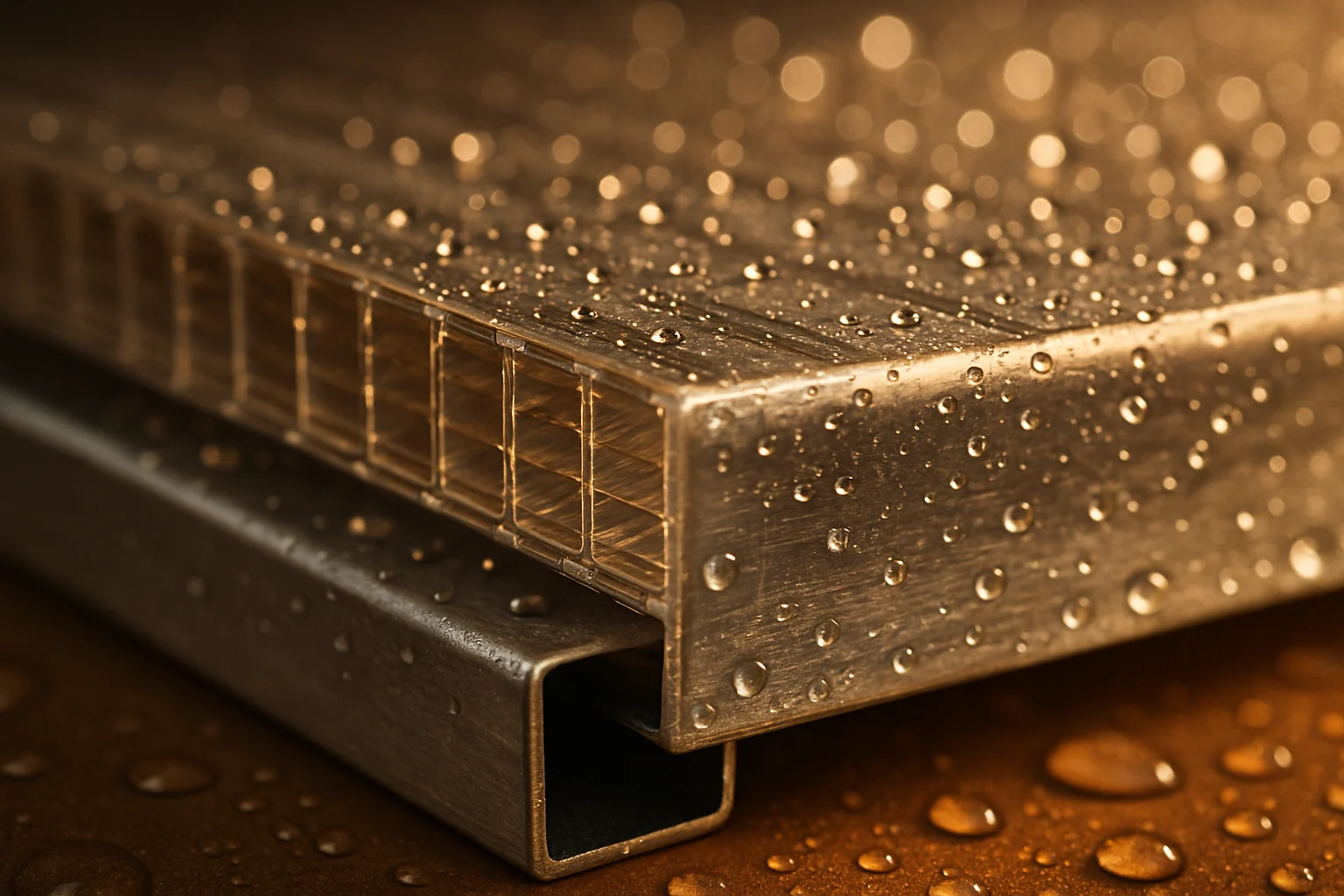 نماي نزديك لبه ورق پلی كربنات دوجداره درون پروفيل آلومينيومی با نور گرم