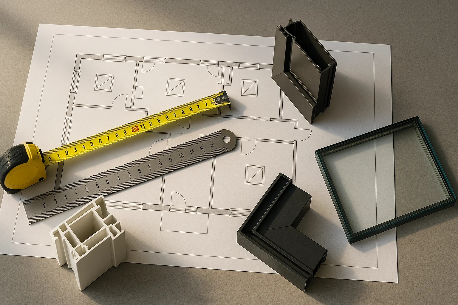 میز کار تمیز با نقشه ساختمان خط کش متر نقشه پنجره ها و نمونه پروفیل های یو پی وی سی و آلومینیومی برای مشاوره و طراحی پروژه