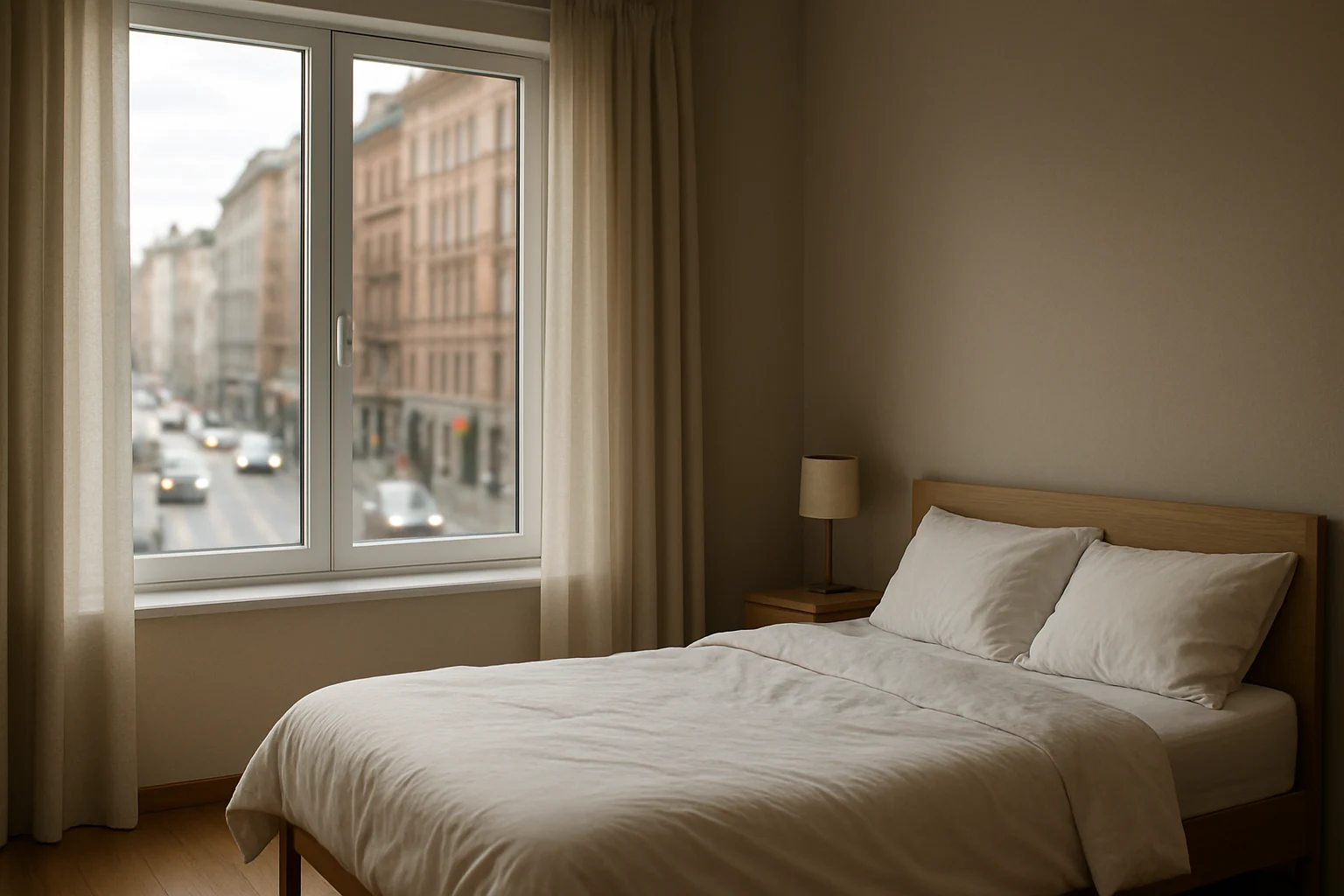 اتاق خواب رو به خیابان شلوغ با پنجره دوجداره جدید که فضایی آرام و ساکت در داخل ایجاد کرده است