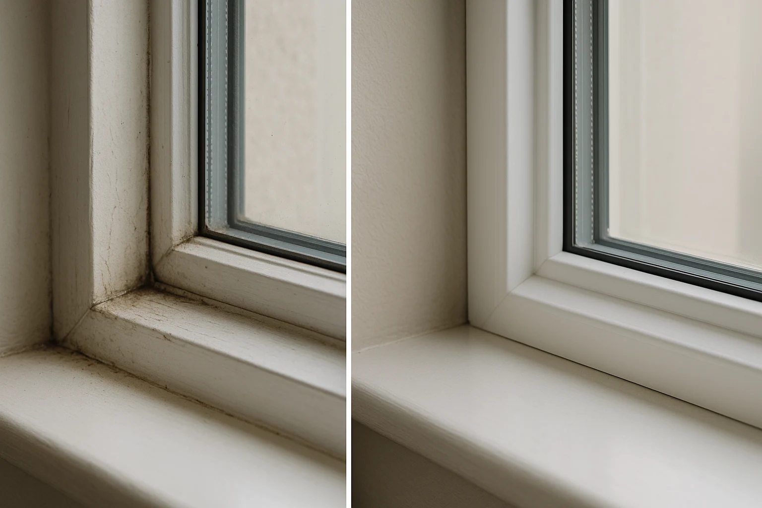 مقایسه گوشه پایین پنجره با درزگیر کهنه و ترک خورده در کنار درزگیر جدید و تمیز با آب بندی کامل