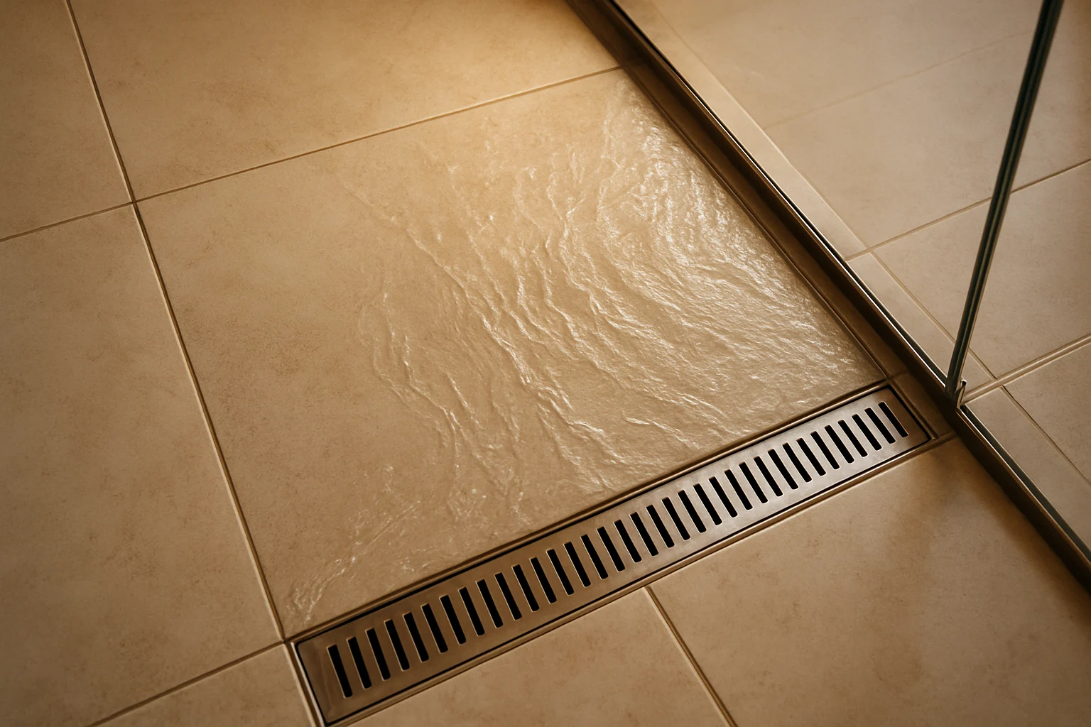 نماي نزديك كف كابين دوش با شيب بندي صحيح و كفشور خطي و شيشه شفاف در كنار آن