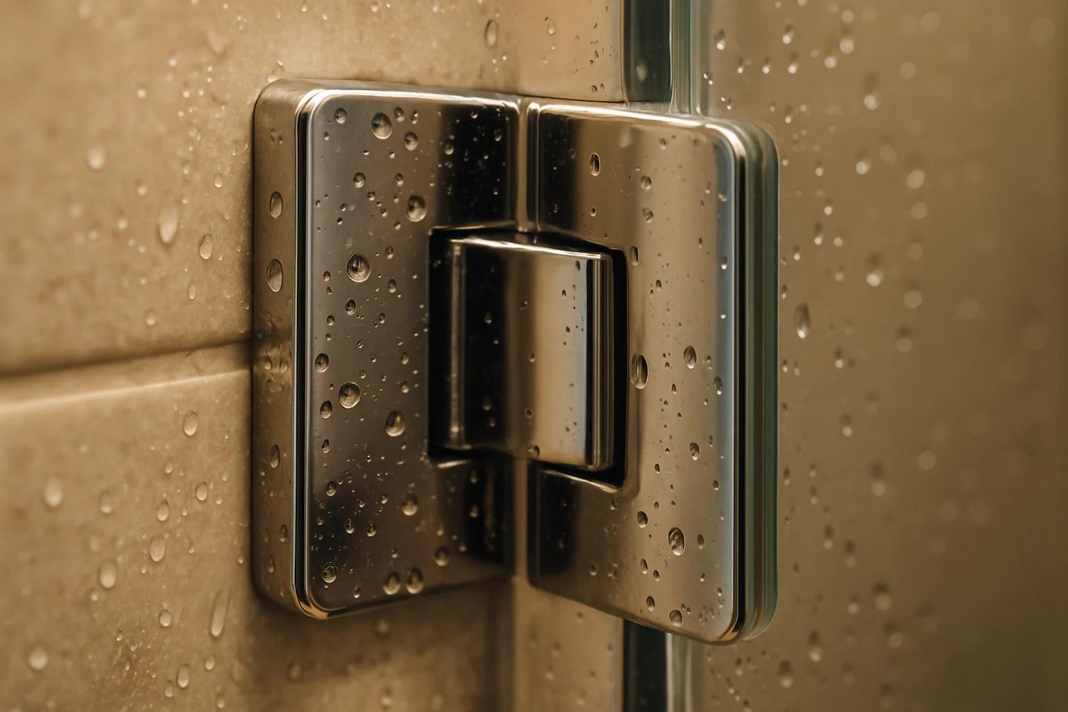 نماي نزديك لولاي استيل و شيشه ضخيم درب كابين دوش روي كاشي روشن حمام