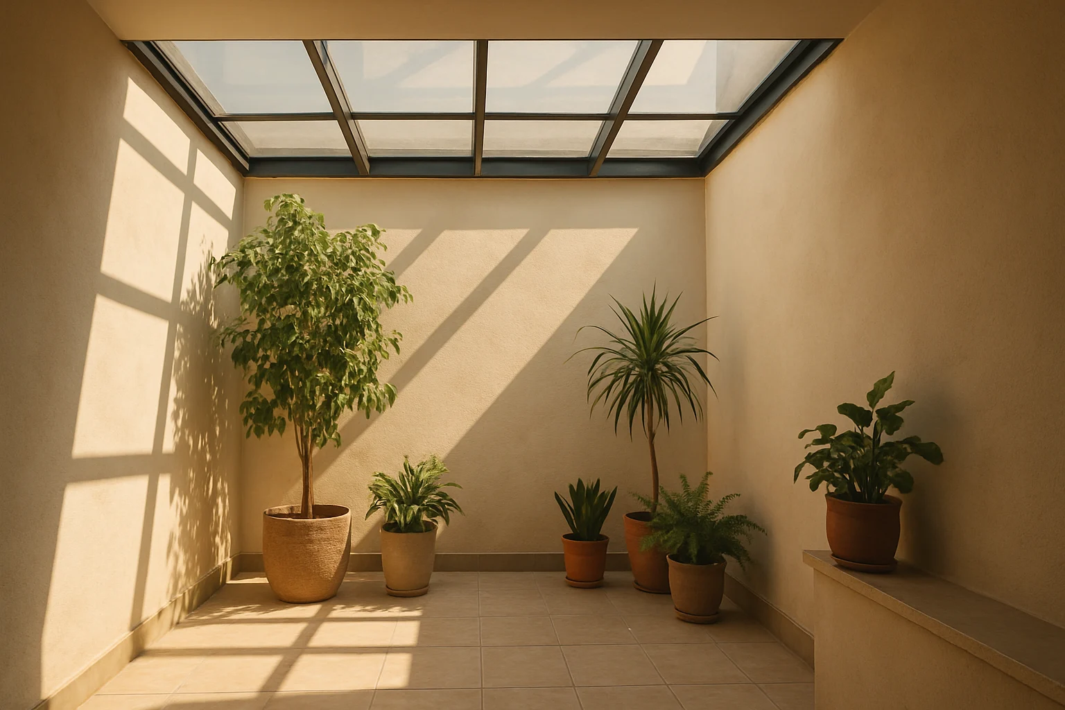 پاسيو روشن ساختمان مسكوني با نورگير شيشه ای مدرن و نور گرم عصر