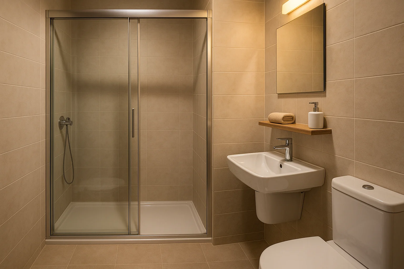 حمام مدرن با كابين دوش شيشه اي فريم لس و نور گرم و فضاي تميز و مرتب