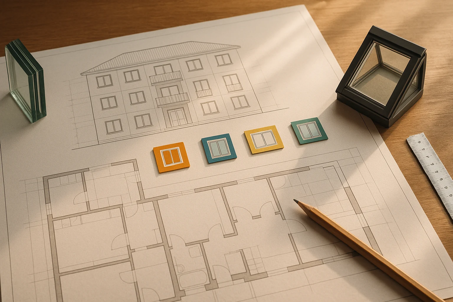 نقشه نما و پلان ساختمان روی میز چوبی با علامت های انواع پنجره و جام بالکنی و نمونه شیشه و اسکای لایت برای انتخاب سیستم مناسب